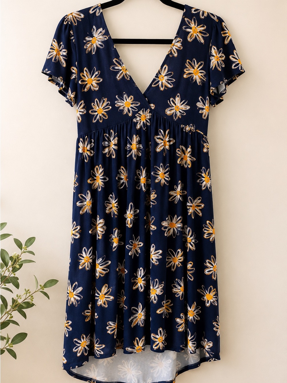Loveappella NWT Navy Daisy Faux Wrap Empire Waist Dress | Size M